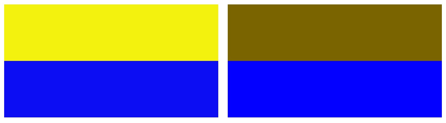 on the left a blue and much brighter yellow, on the right our yellow is much darker to match the blue tone